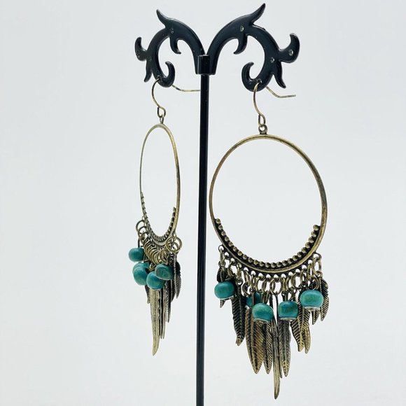 Feather Drop Hoop Earrings Pierced Gold Tone Faux Turquoise Beads Ethnic Native - Picture 5 of 8